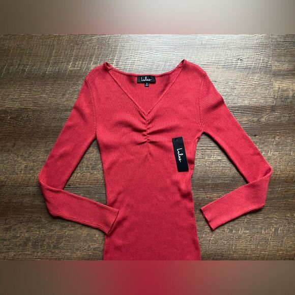 Lulu’s cute brick red ribbed knit dress Bodycon sz Small NWT trendy stretchy - Picture 9 of 16